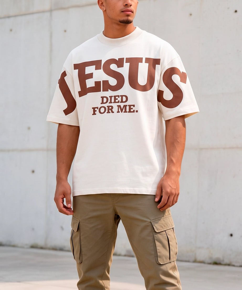 Camiseta Oversized Off/Marron Unissex Jesus Died For Me