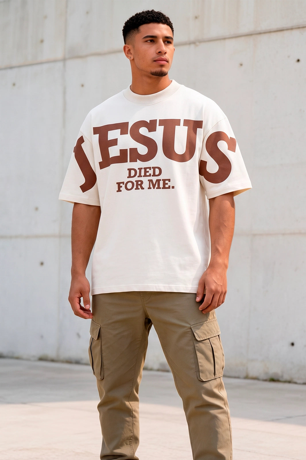 Camiseta Oversized Off/Marron Unissex Jesus Died For Me