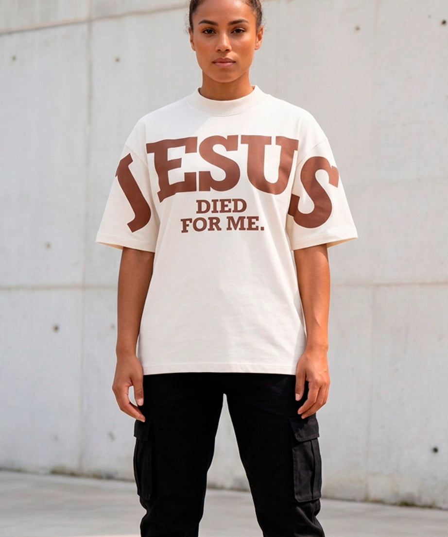 Camiseta Oversized Off/Marron Unissex Jesus Died For Me