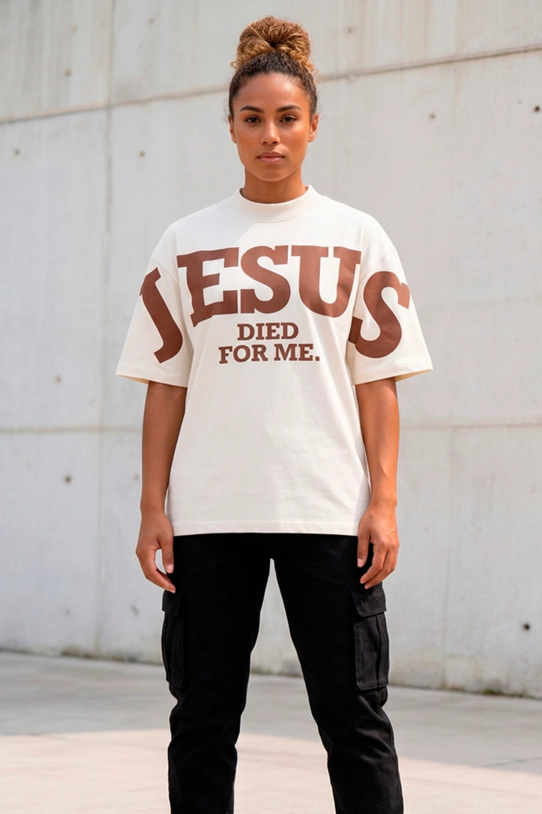 Camiseta Oversized Off/Marron Unissex Jesus Died For Me