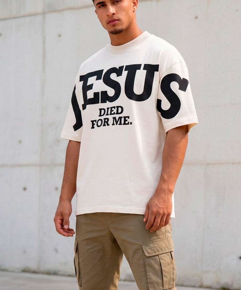 Camiseta Oversized Off/Preto Unissex Jesus Died For Me
