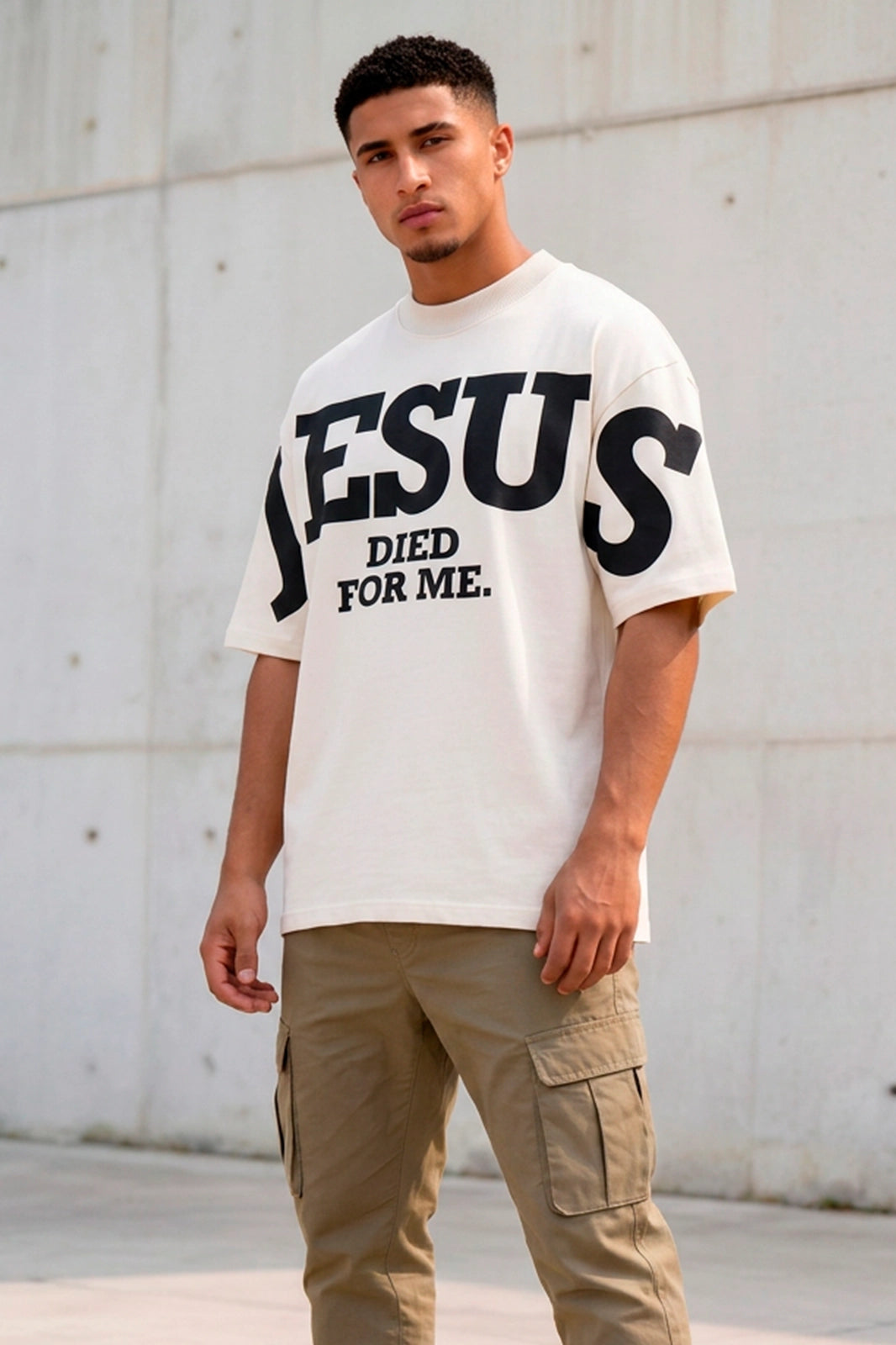 Camiseta Oversized Off/Preto Unissex Jesus Died For Me