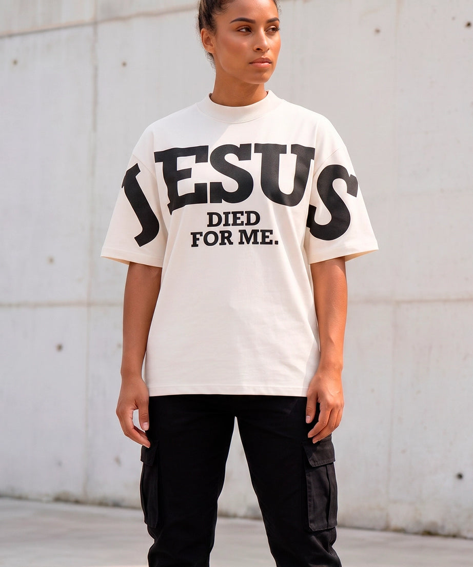 Camiseta Oversized Off/Preto Unissex Jesus Died For Me