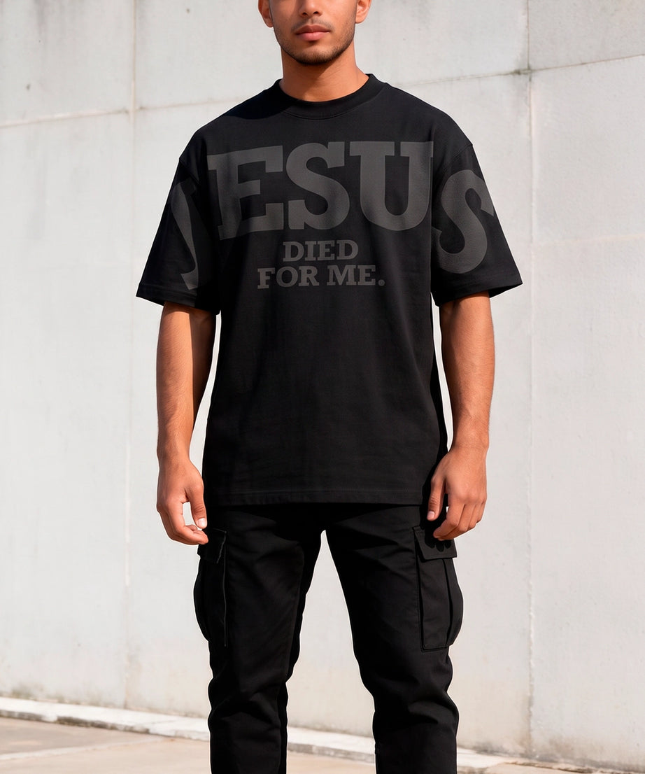 Camiseta Oversized Preta/Preto Unissex Jesus Died For Me