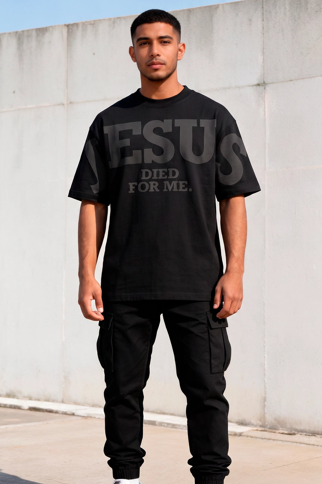 Camiseta Oversized Preta/Preto Unissex Jesus Died For Me