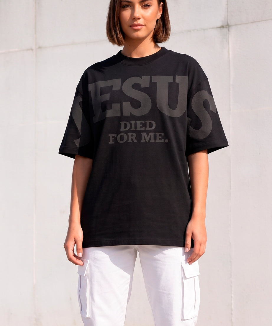Camiseta Oversized Preta/Preto Unissex Jesus Died For Me