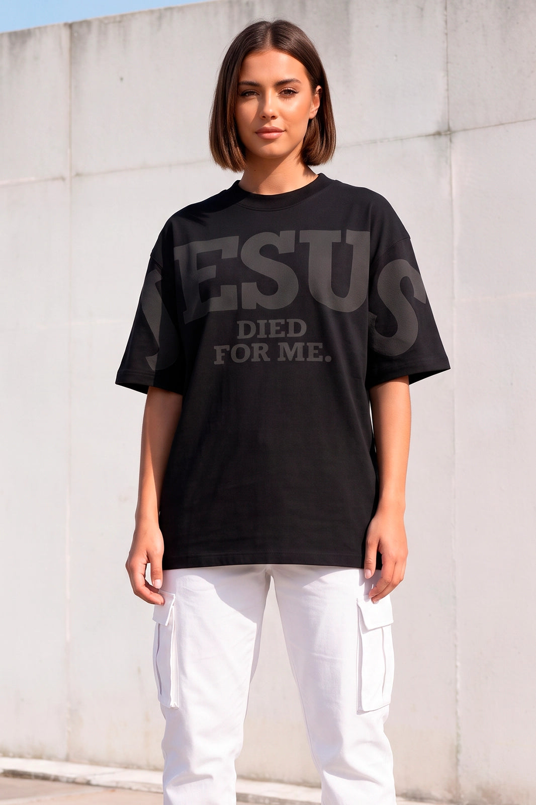 Camiseta Oversized Preta/Preto Unissex Jesus Died For Me